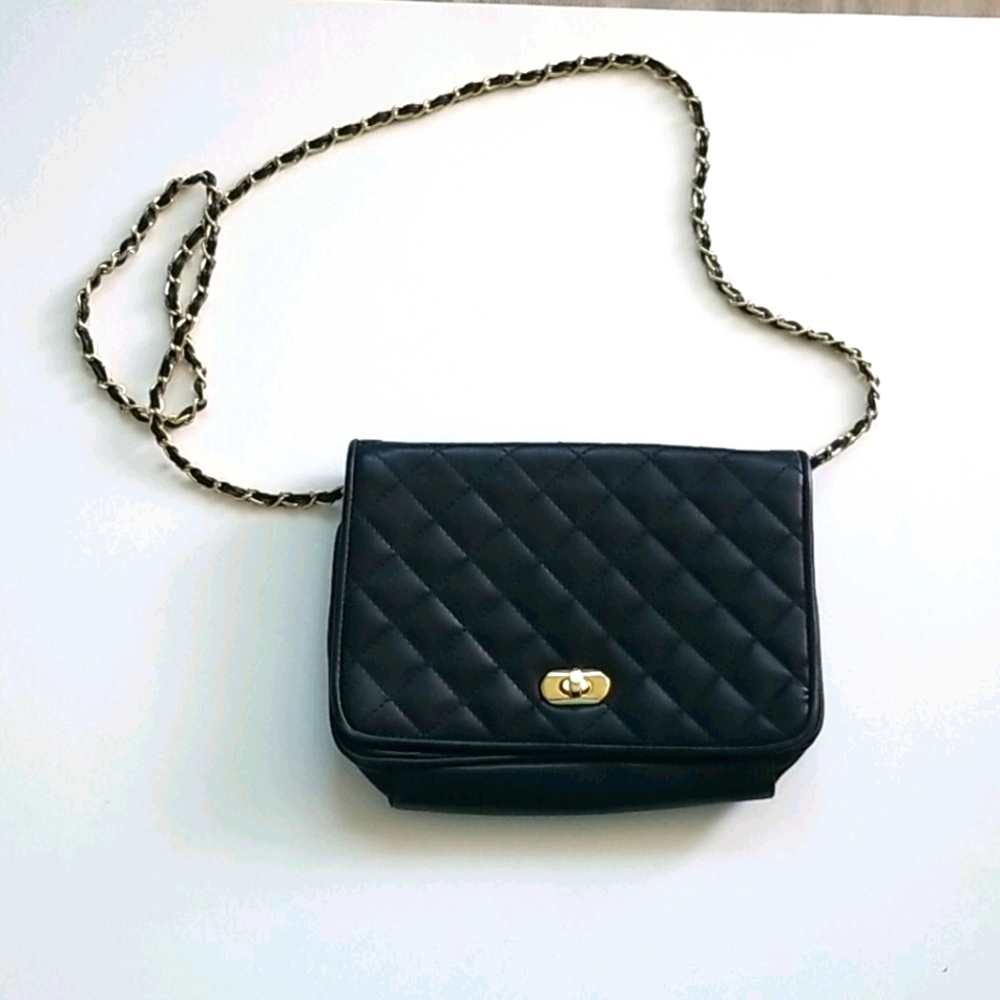 Bruno Lorelli Black Quilted Crossbody Bag Golden Hardware Long Twisted Strap